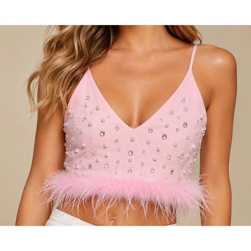 Buddy Love Seraphina Pink Feather Rhinestone Crop Top Women's Size S